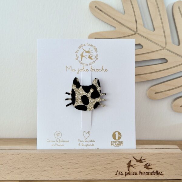 Broche pailletée Chat moustache Léopard doré - Les Petites Hirondelles