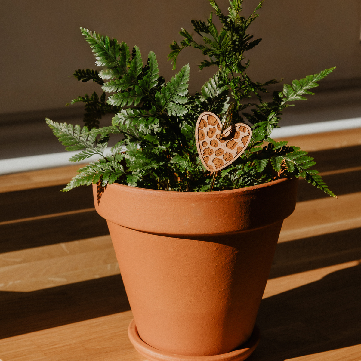 Les petites hirondelles 2026 Pic Botanique avec tige en métal et élément en bois de bouleau en forme de cœur avec motif léopard dans une plante