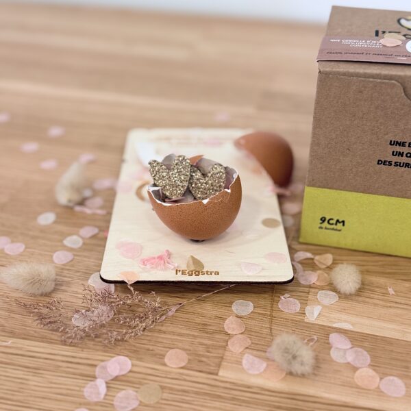 Pin's en feutrine pailletée doré en frome de lapin dans une coquille d'oeuf