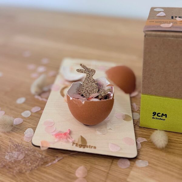 Pin's en feutrine pailletée doré en frome de lapin dans une coquille d'oeuf