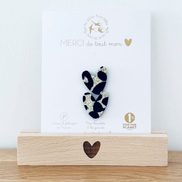Pin's coeur à partager léopard doré en feutrine pailletée sur une cartonnette "merci de tout mon coeur"